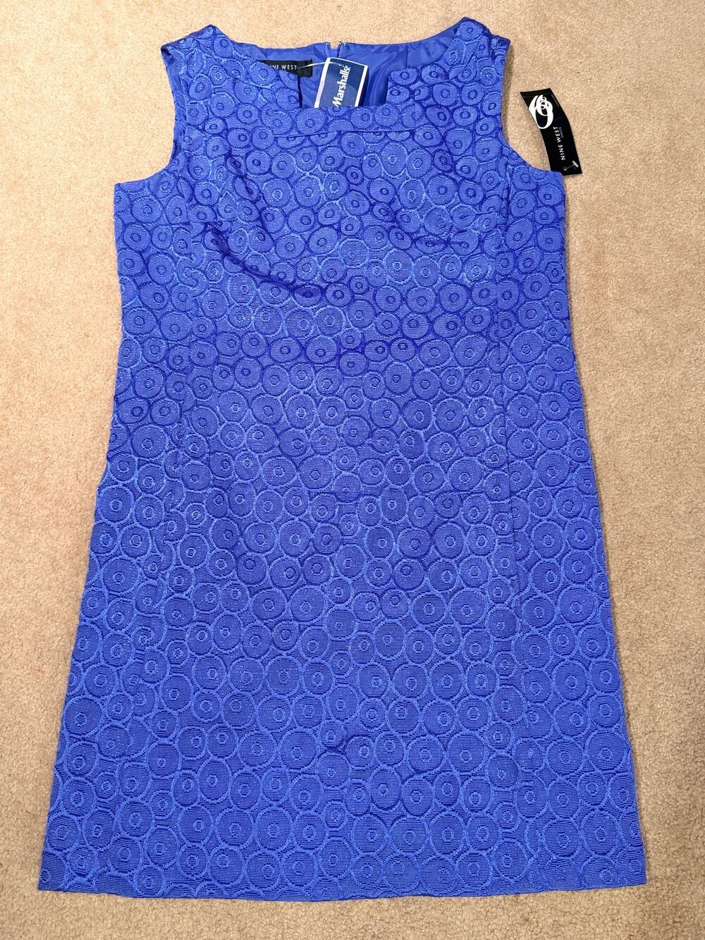 Nine West Blue Textured Circle Jacquard Sleeveless Shift Dress Women's Size 14